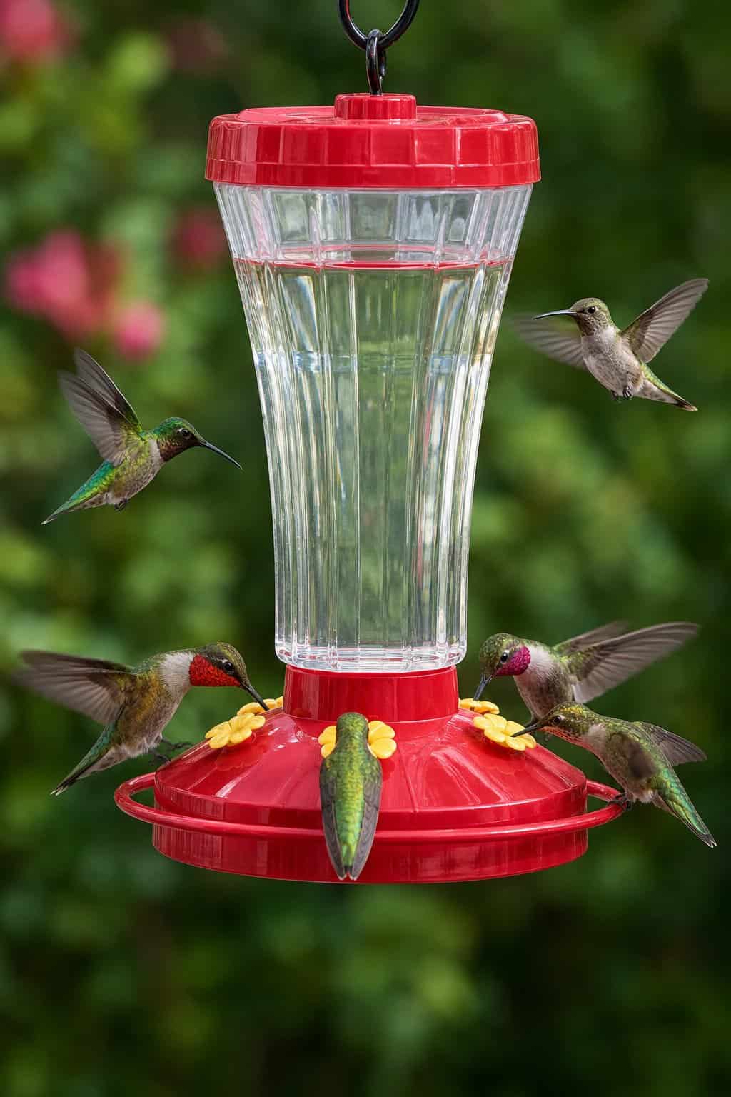 A clear plastic hummingbird feeder with a wide flat base and bright red ports, mounted on a metal stake in a green garden with two hummingbirds feeding.
