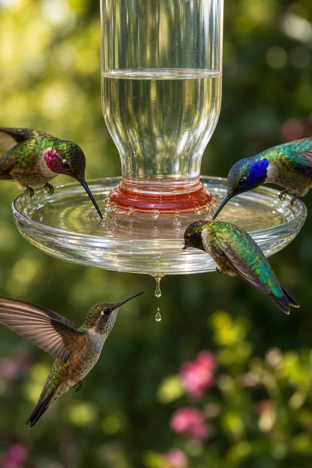 A glass saucer hummingbird feeder with a shallow dish and a small inverted bottle, with three hummingbirds perched on the rim and small nectar droplets visible at the edge.