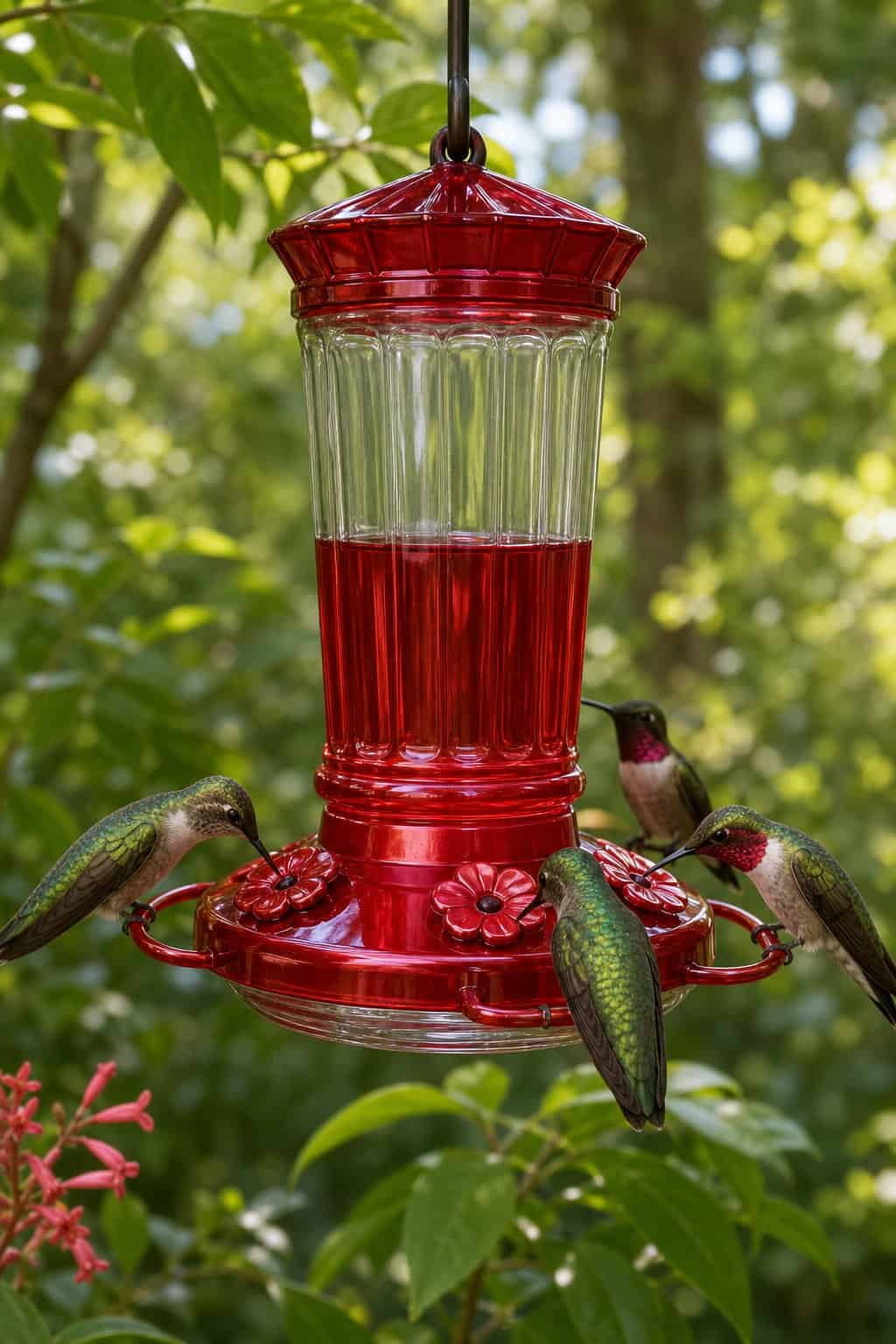 A red glass hummingbird feeder with a ring-style perch around the base, with three hummingbirds perched and hovering at the feeding ports in a leafy outdoor setting.