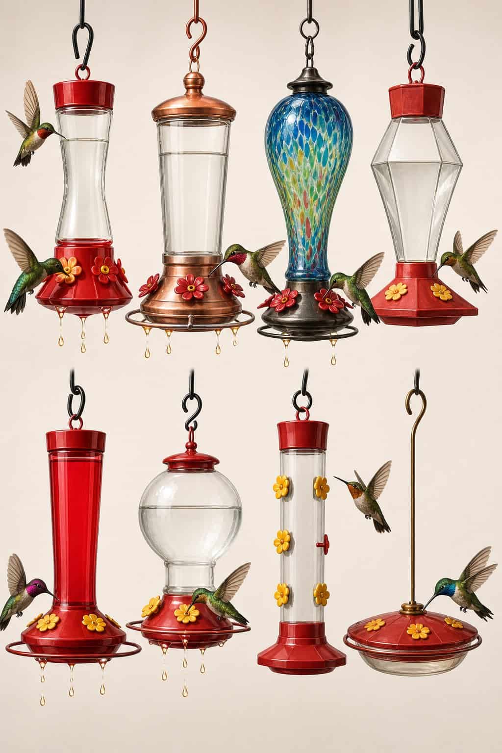 A side-by-side view of multiple hummingbird feeders, some showing nectar droplets at the ports and others dry, with hummingbirds hovering in front of a softly blurred garden background.