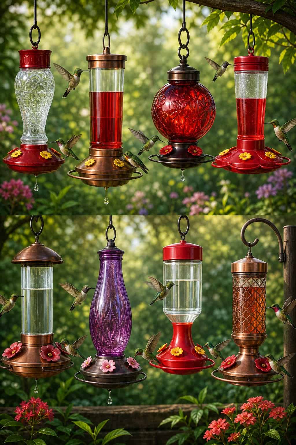 8 Types of Hummingbird Feeders, Tested: Which Ones Actually Drip (And Which Don't) 13 Several hummingbird feeders hanging from a wooden pergola among green leafy plants, with hummingbirds hovering at the ports in soft natural light.