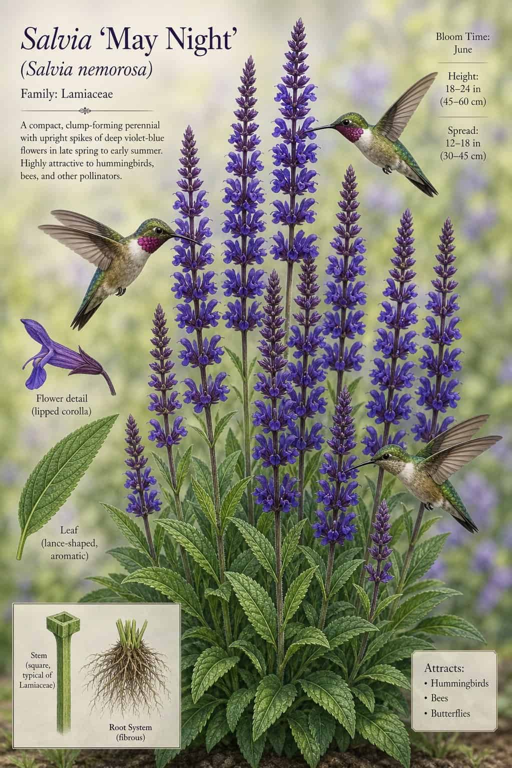 Dense upright spikes of deep violet-blue salvia flowers rising above gray-green foliage, with hummingbirds hovering alongside the bloom spikes.