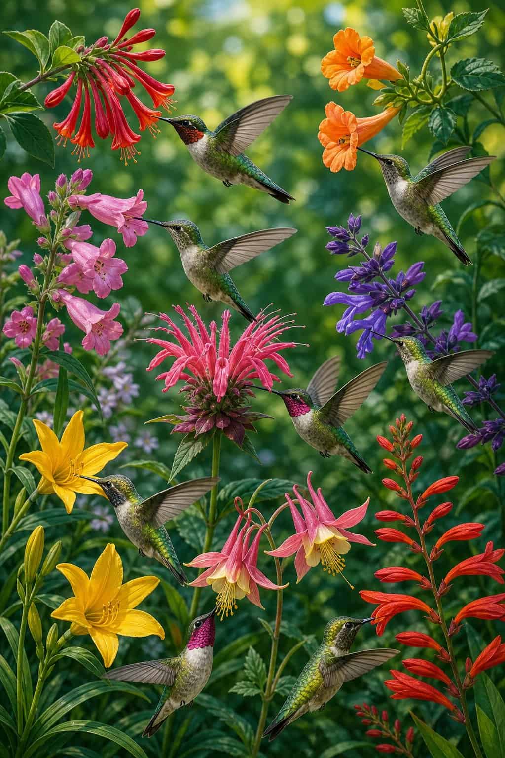 A layered June garden with multiple flower types in bloom at varying heights and several hummingbirds feeding at different plants simultaneously.
