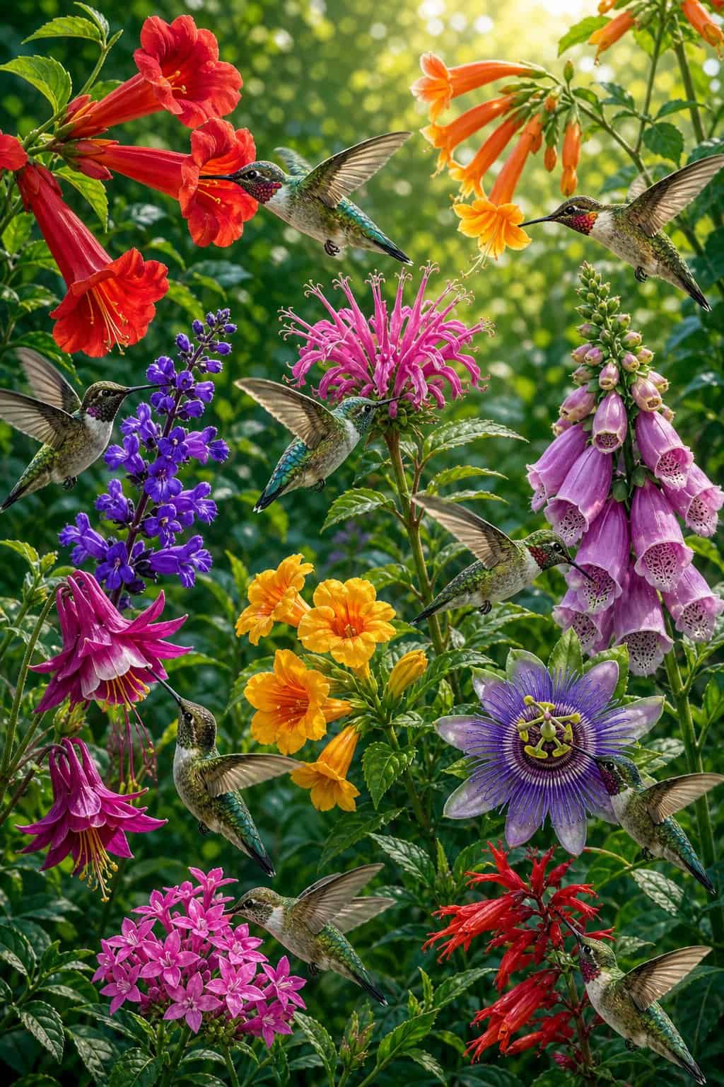 An early summer garden with colorful tubular flowers in bloom at multiple heights and hummingbirds visiting several plants in the same frame.