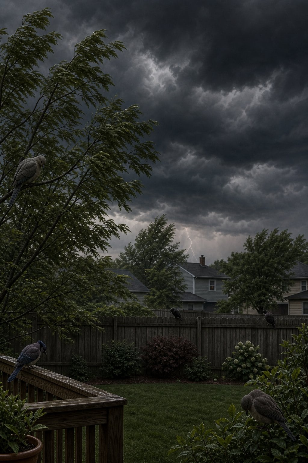 A backyard under a darkening sky with deep gray-green storm clouds building on the horizon, small birds perched low and motionless on a wooden fence while leaves show the first signs of wind movement.