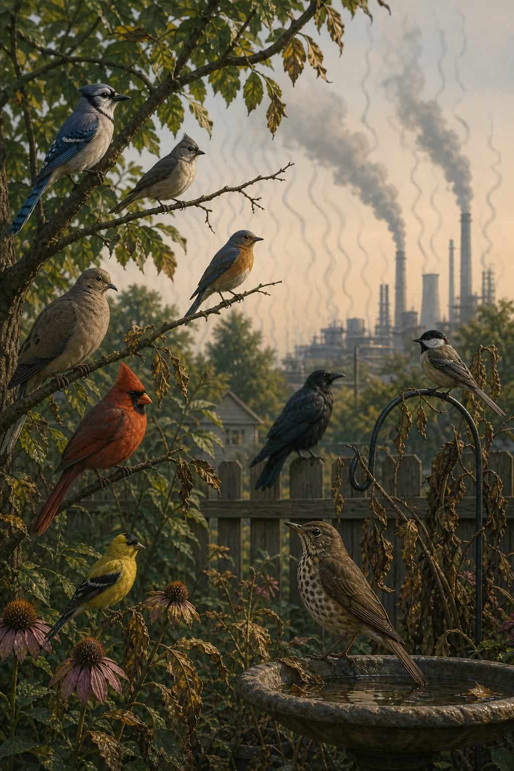 A backyard bird community in mid-September with a cedar waxwing flock in a serviceberry tree, some birds calling and some silent, set against a backdrop of yellowing leaves and a pale overcast sky.