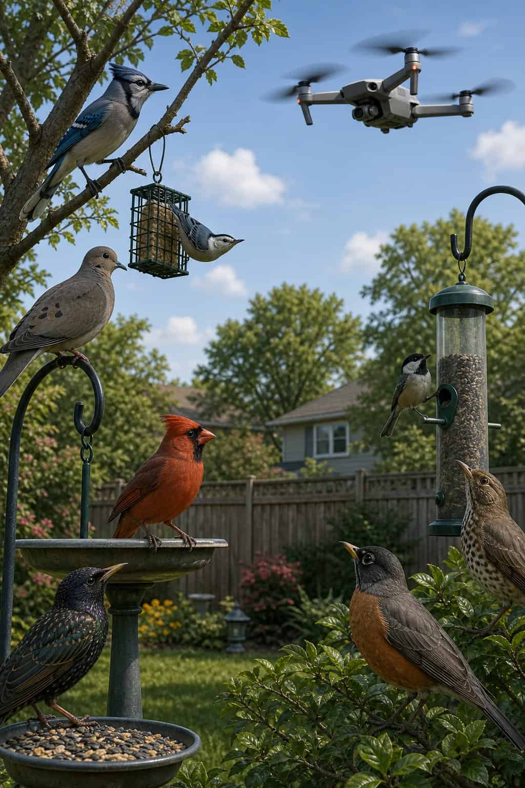 Several house sparrows and a pair of dark-eyed juncos frozen on a wooden platform feeder as a small consumer drone hovers low above the yard, its shadow falling across the feeders below.