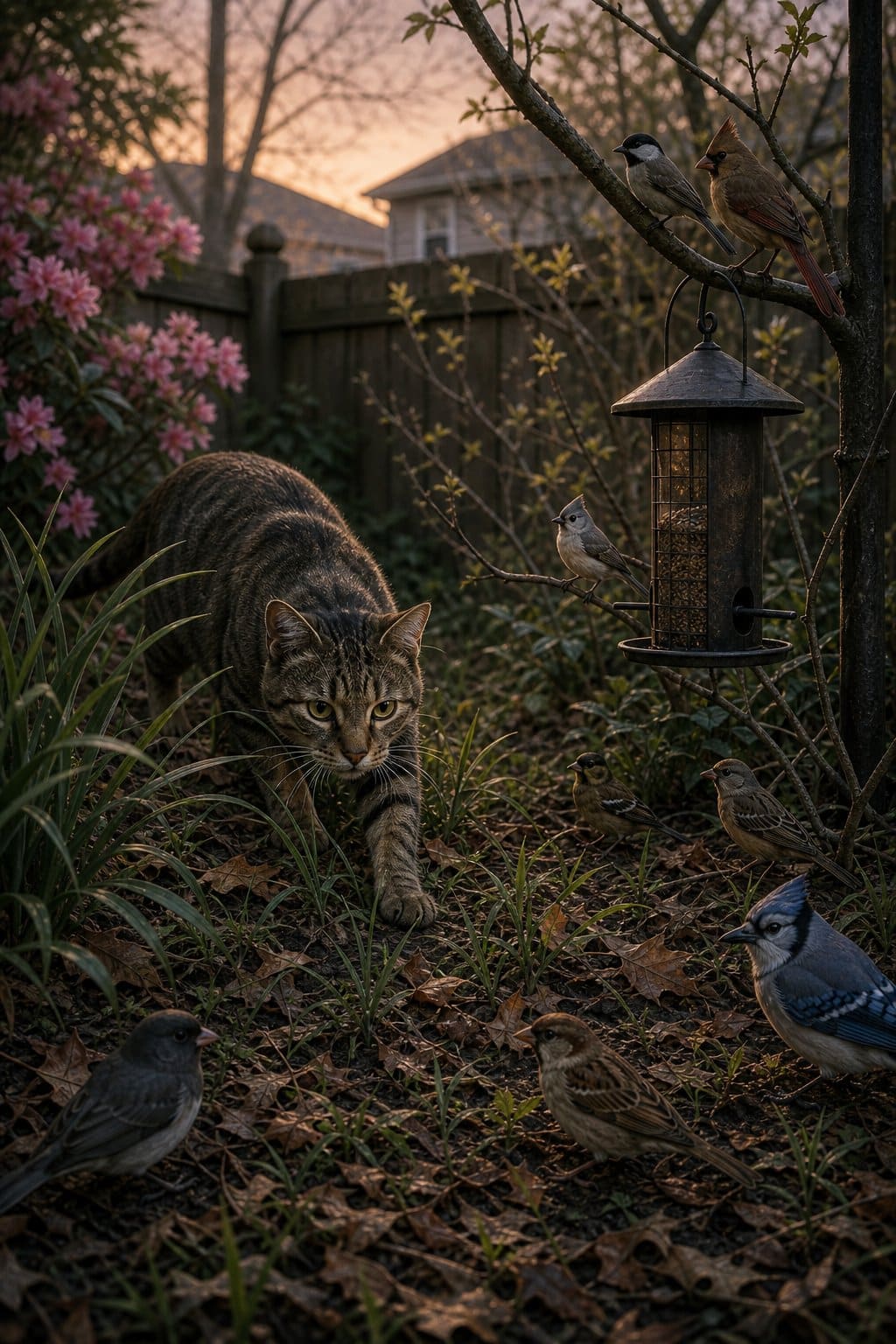 A tabby feral cat moving low through a backyard border planting of dense hostas and ornamental grass while several small birds sit rigid and silent in the shrubs above, watching its path.
