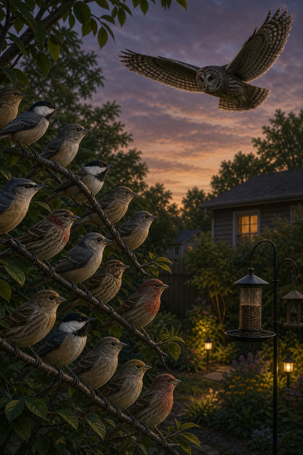 A large barred owl in a low, slow glide across a backyard at twilight while a mixed group of small birds on nearby branches sit rigid and silent, all oriented toward the owl's flight path.