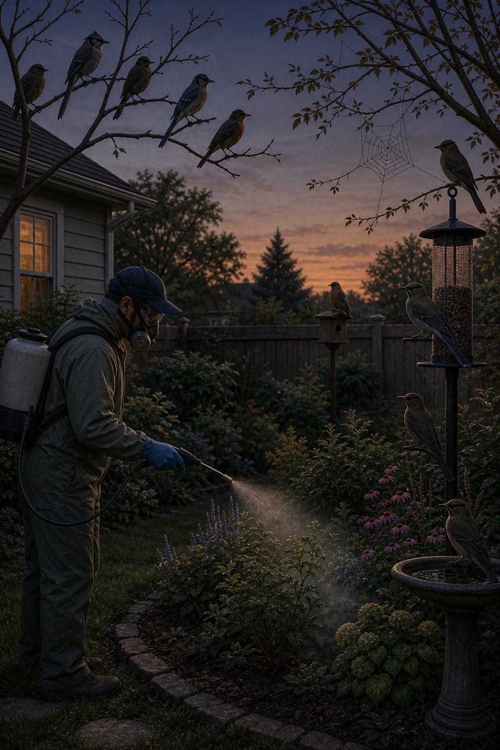 A residential backyard at early evening with a uniformed pest control technician spraying the lawn perimeter while a row of warblers and flycatchers sit motionless on a wooden fence rail, not feeding.
