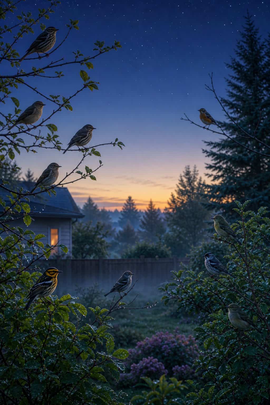 Small songbirds perched in silhouette on thin branches against a pale predawn sky, completely still, with a suburban roofline visible in the soft background light.