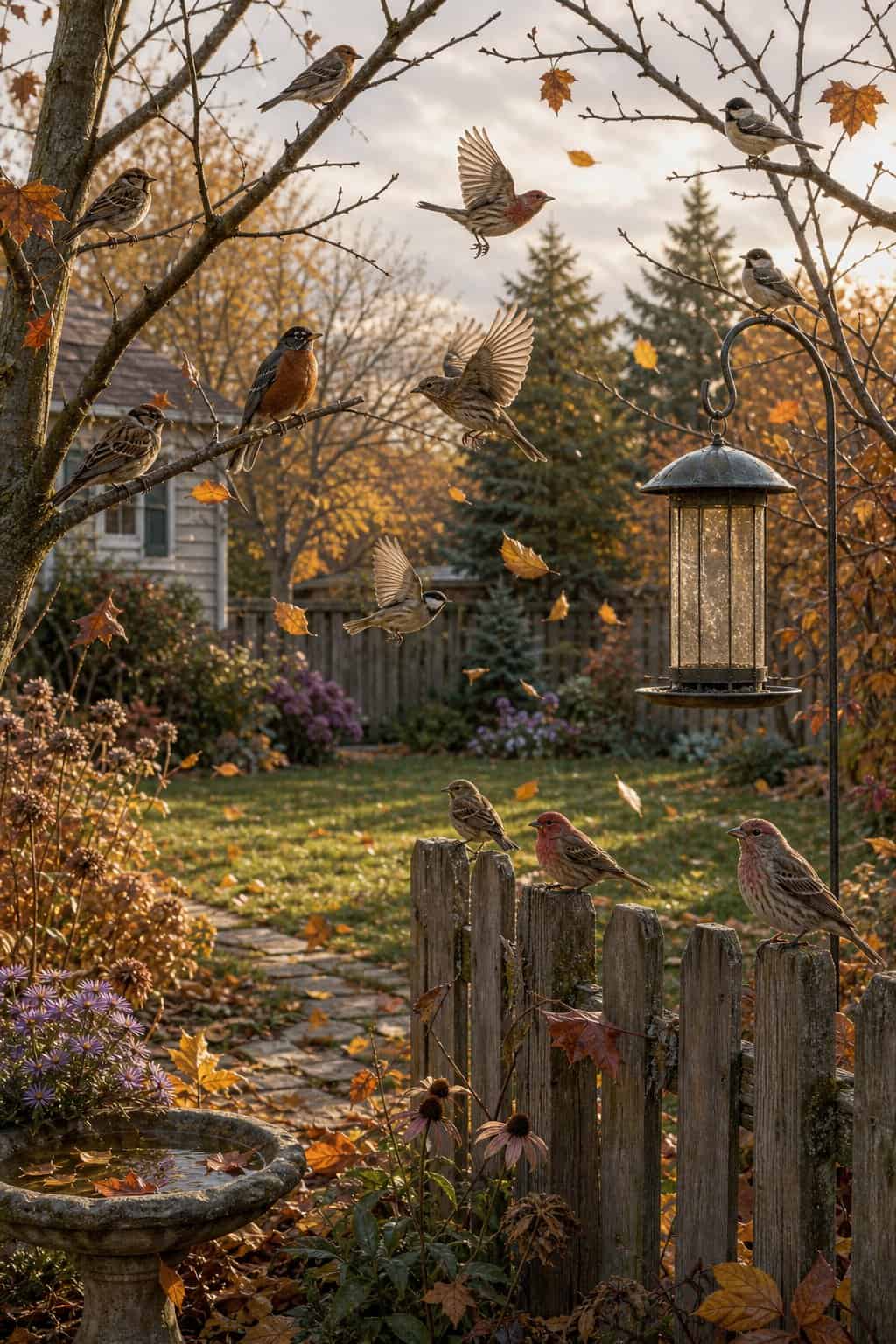 9 Reasons the Birds in Your Yard Go Silent at Exactly the Same Moment (You'll Notice It Today) 14 A late October backyard with bare-branched oaks and a nearly empty wooden platform feeder, a lone white-throated sparrow feeding below while a small group of dark-eyed juncos sits motionless in the leaf litter nearby.
