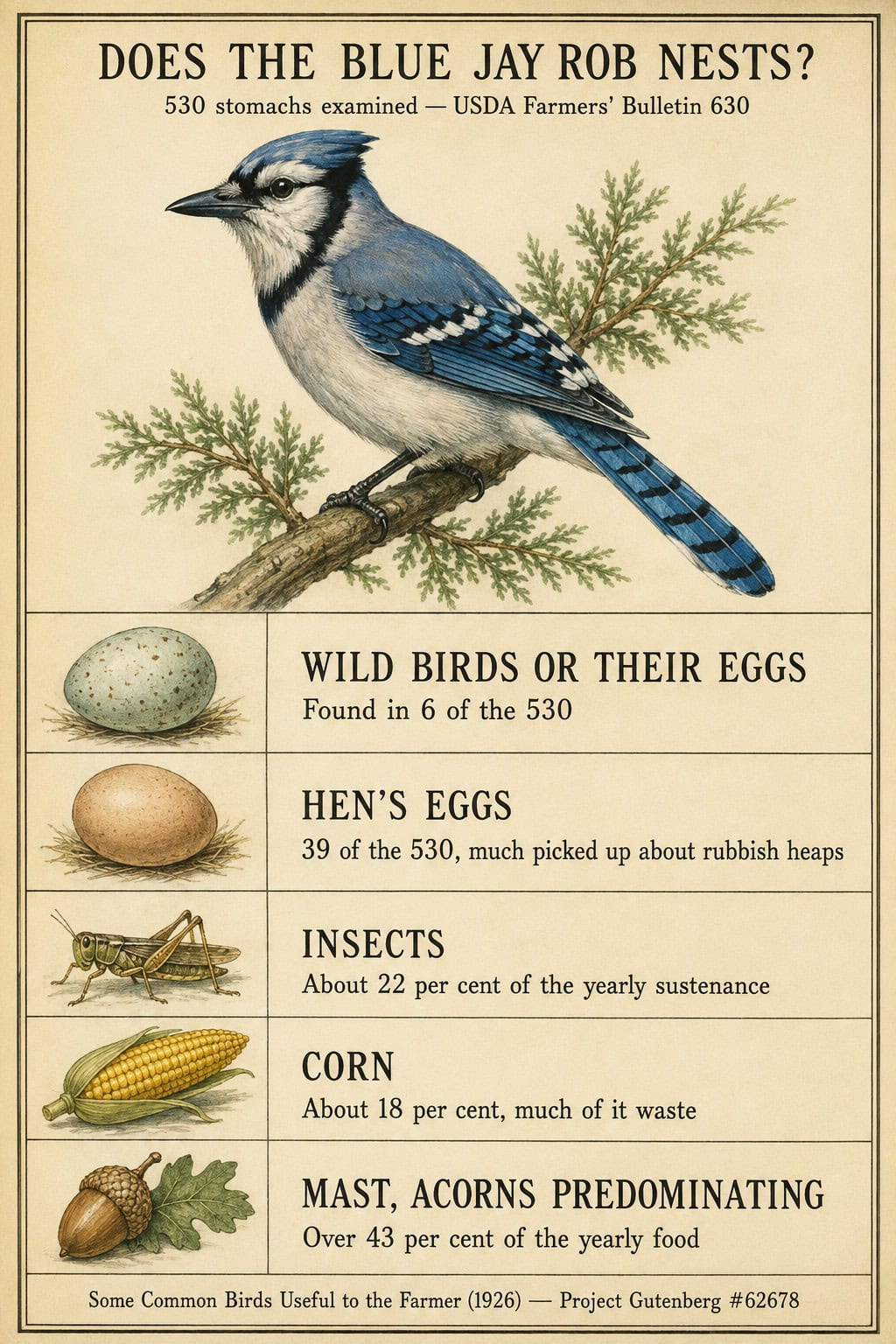 Charge-sheet card: what 530 blue jay stomachs contained — wild birds or eggs in 6, hen's eggs in 39, insects about 22 percent, corn about 18 percent, mast over 43 percent
