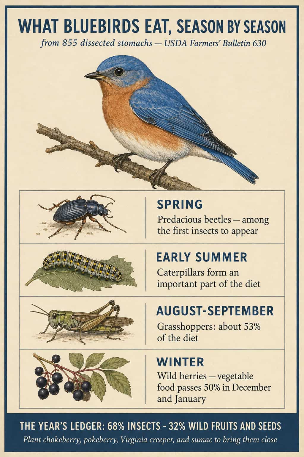 Seasonal infographic: what bluebirds eat in spring, early summer, August-September, and winter, from USDA Farmers' Bulletin 630