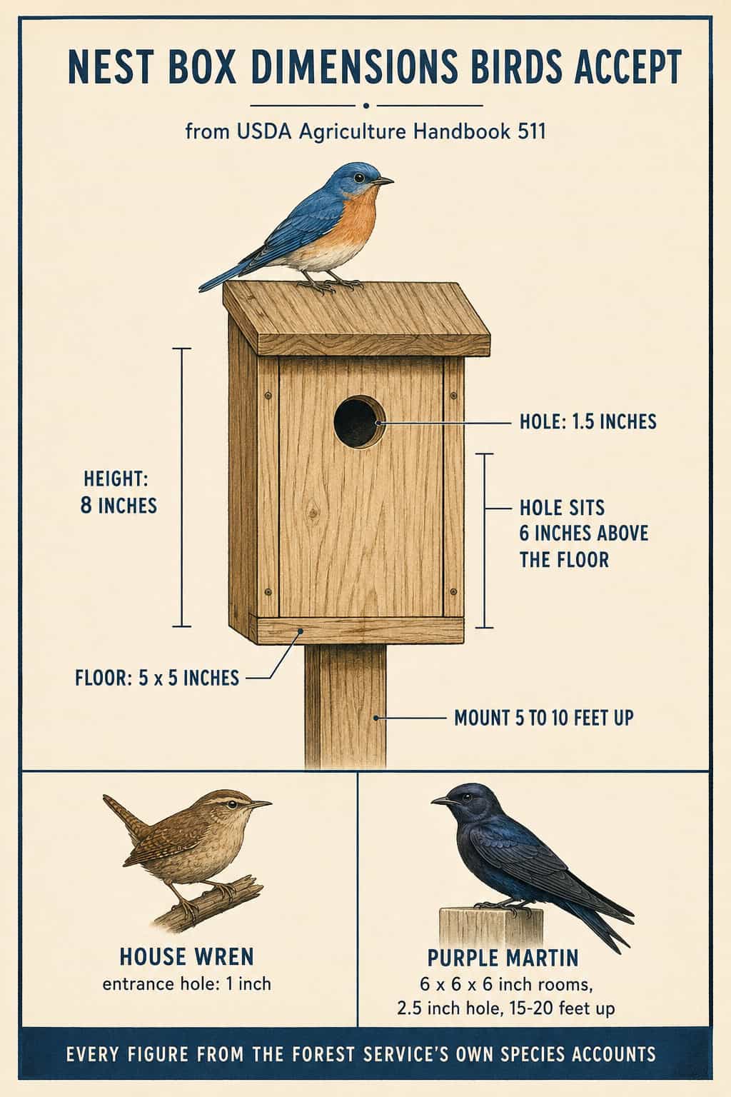 Diagram of a bluebird nest box with the Forest Service's dimensions: 5 by 5 inch floor, 8 inches tall, 1.5 inch hole 6 inches above the floor, mounted 5 to 10 feet up