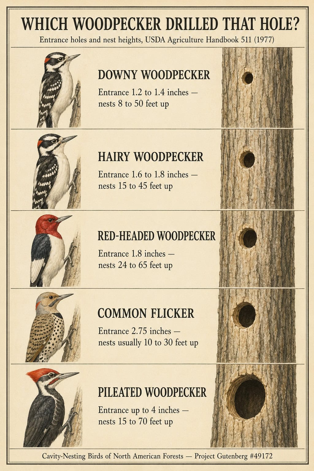 Identification card: entrance-hole diameters and nest heights for downy, hairy, red-headed woodpeckers, common flicker, and pileated woodpecker, from USDA Agriculture Handbook 511