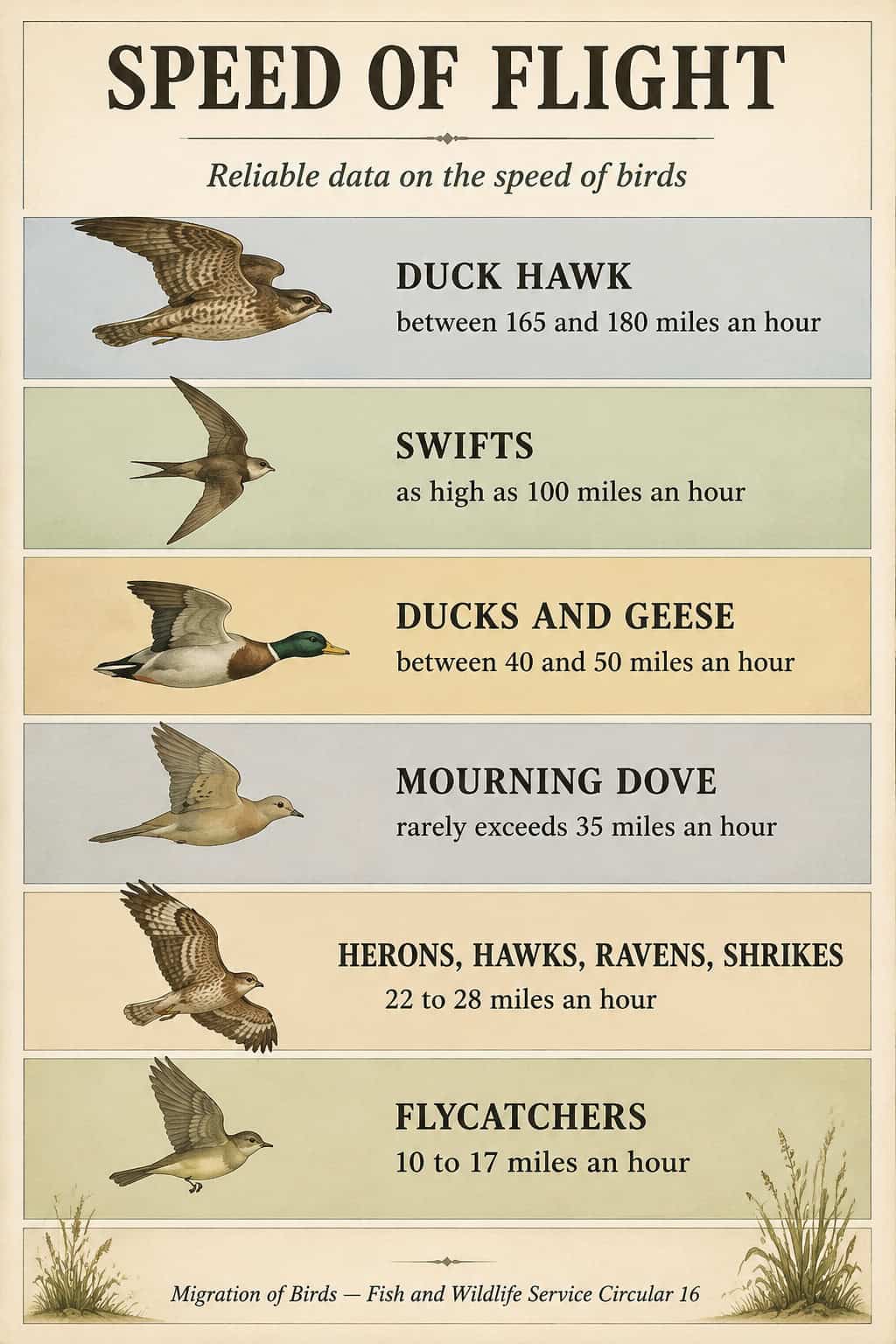 Speed ladder: measured bird flight speeds from flycatchers at 10 to 17 miles an hour up to the duck hawk at 165 to 180, from the Fish and Wildlife Service's Migration of Birds