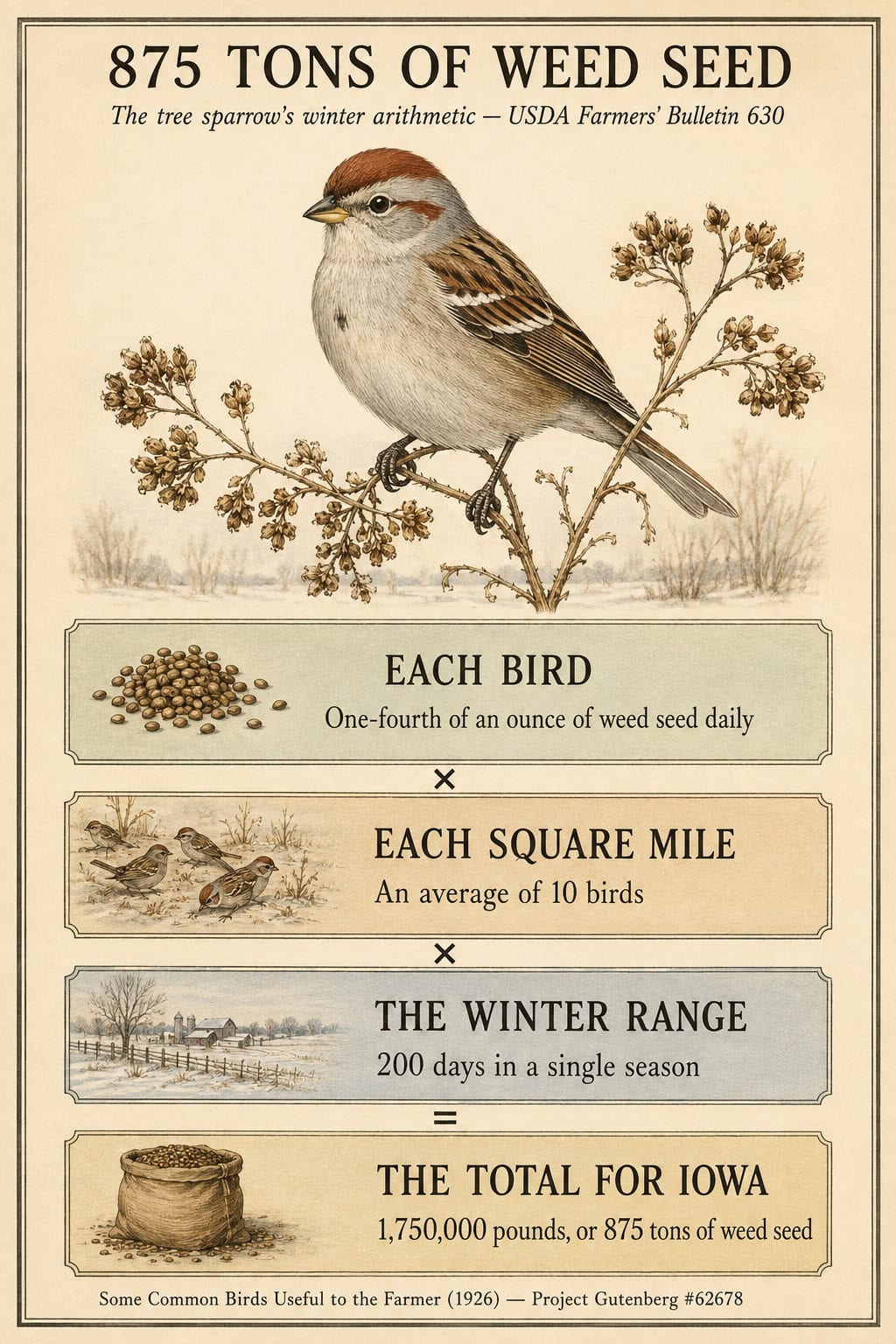 Arithmetic card: a quarter ounce of weed seed per tree sparrow per day, ten birds per square mile, 200 days — 875 tons of weed seed in one state, from USDA Farmers' Bulletin 630