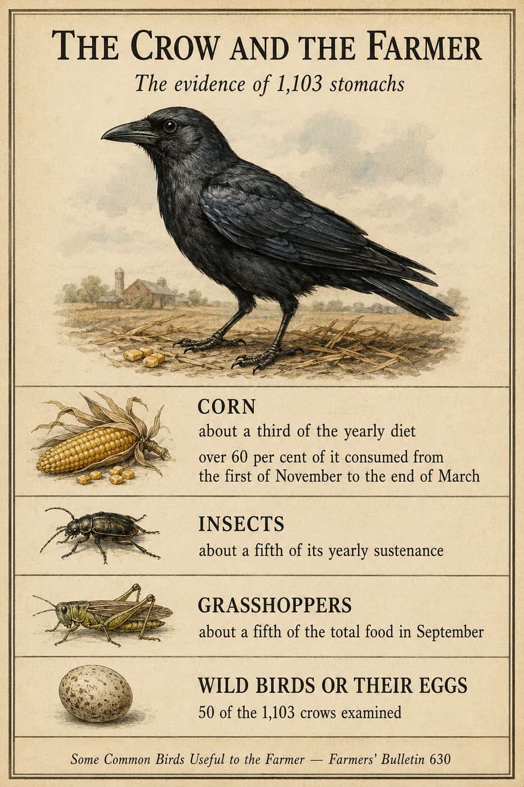 How Much Corn Does a Crow Take? 1 Ledger card: the crow's account with the farmer from 1,103 stomachs — corn about a third of the diet, insects about a fifth, grasshoppers a fifth in September, wild birds or eggs in 50