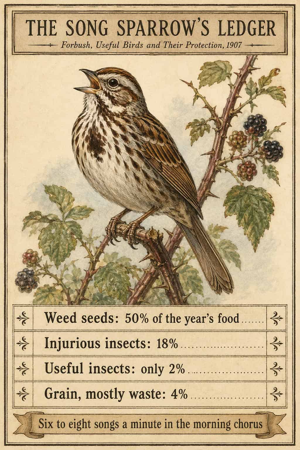 The Song Sparrow’s Year 1 Card: the song sparrow's food ledger — weed seeds 50% of the year's food, injurious insects 18%, useful insects only 2%, grain mostly waste 4%, from Forbush